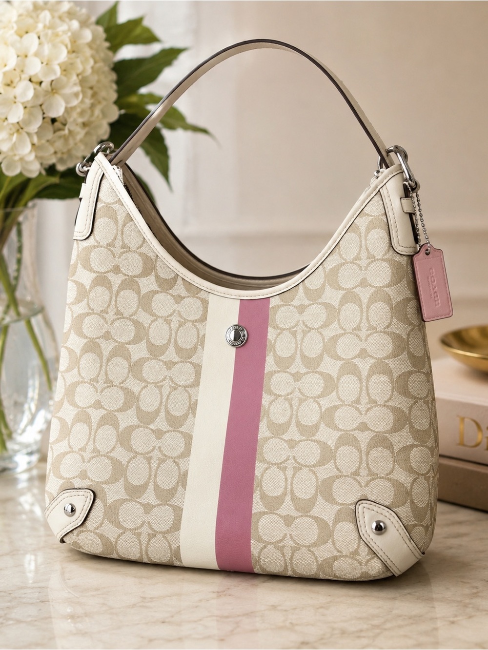 Coach Chalk Canvas Shoulder/Crossbody Bag with Pink Stripe